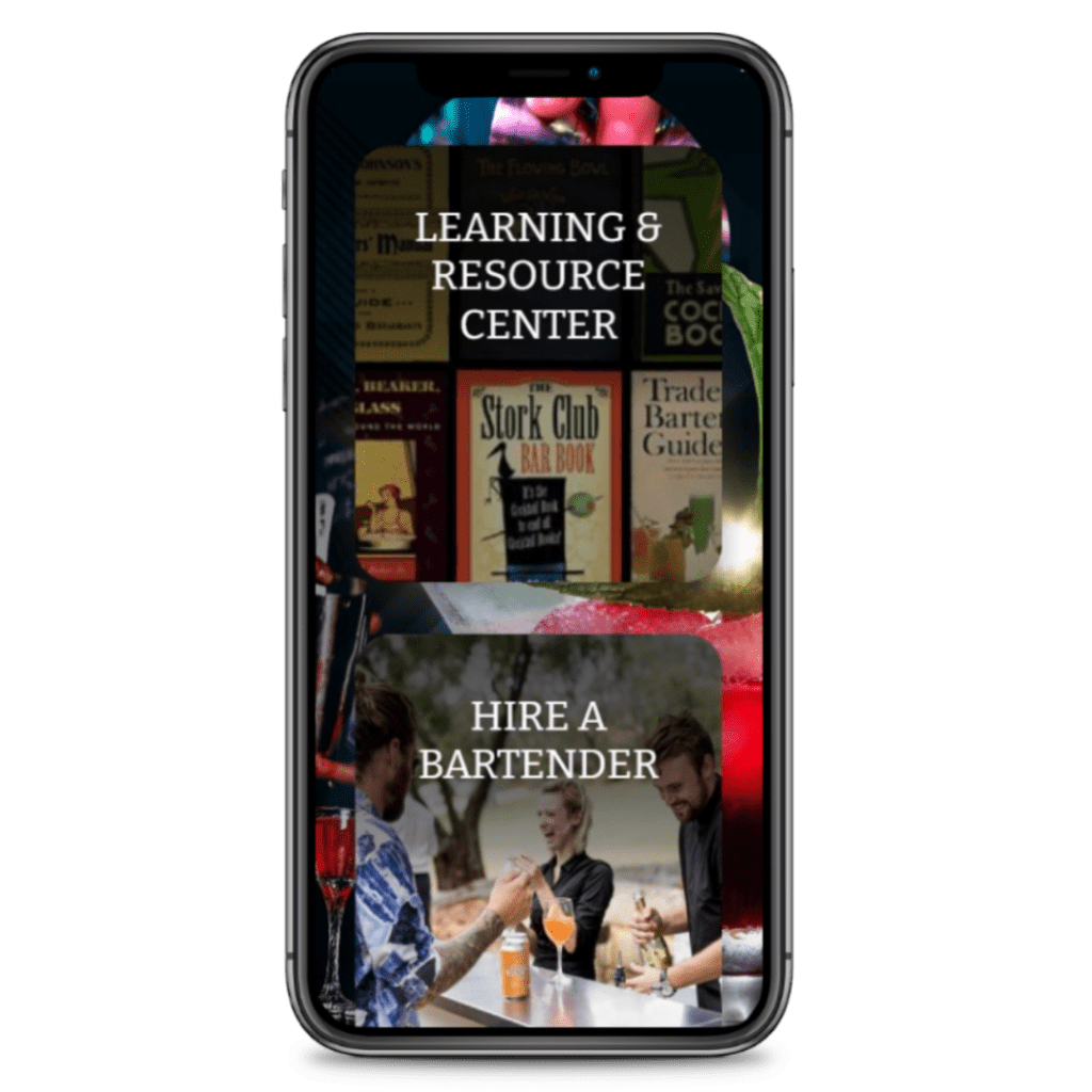 "Screenshot of the 786 Bartend Mobile App displaying learning modules, job listings, and upcoming events for students and prospective bartenders."
