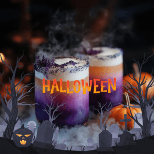 "An interactive Halloween Cocktail Class at 786 Bartend, The Bartenders Institute in Miami, where participants create spooky-themed cocktails led by a professional bartender.
