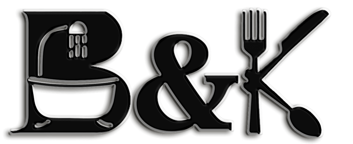 Logo met 'B & K', waarbij de 'B' een badkuip en douchekop bevat, en de 'K' een vork en lepel vormt. Perfect voor keuken- en badkamerwinkels.
