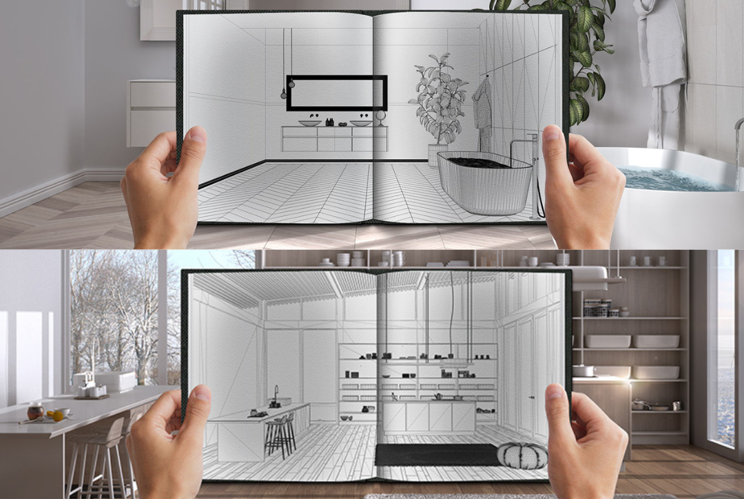 Twee afbeeldingen van handen met schetsboeken, één van een badkamer, de ander van een keuken, beide met moderne, minimalistische inrichting.