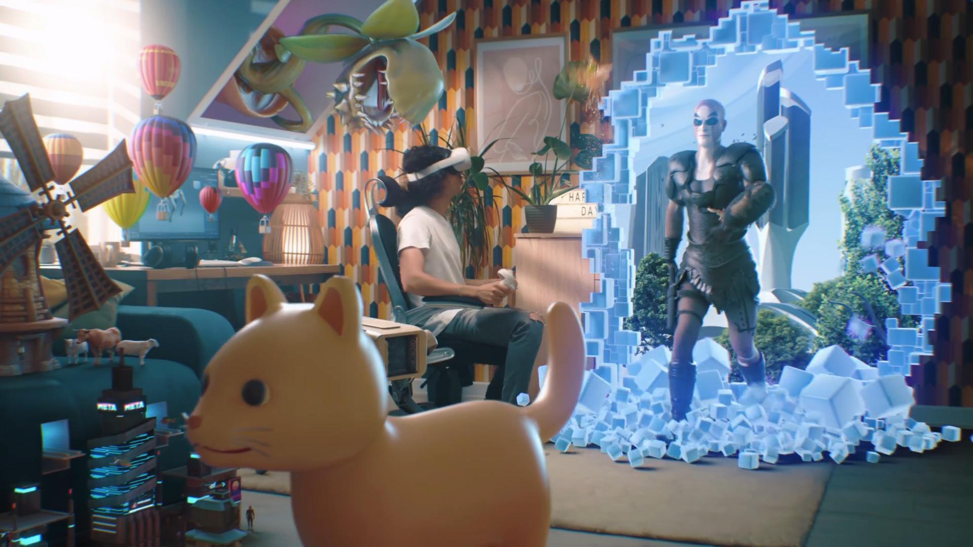 Una persona che indossa un visore VR di realtà virtuale e siede in una stanza colorata e futuristica. Di fronte c'è un grande portale che mostra un personaggio virtuale. In primo piano una figura di gatto 3D, ed elementi digitali che fluttuano intorno