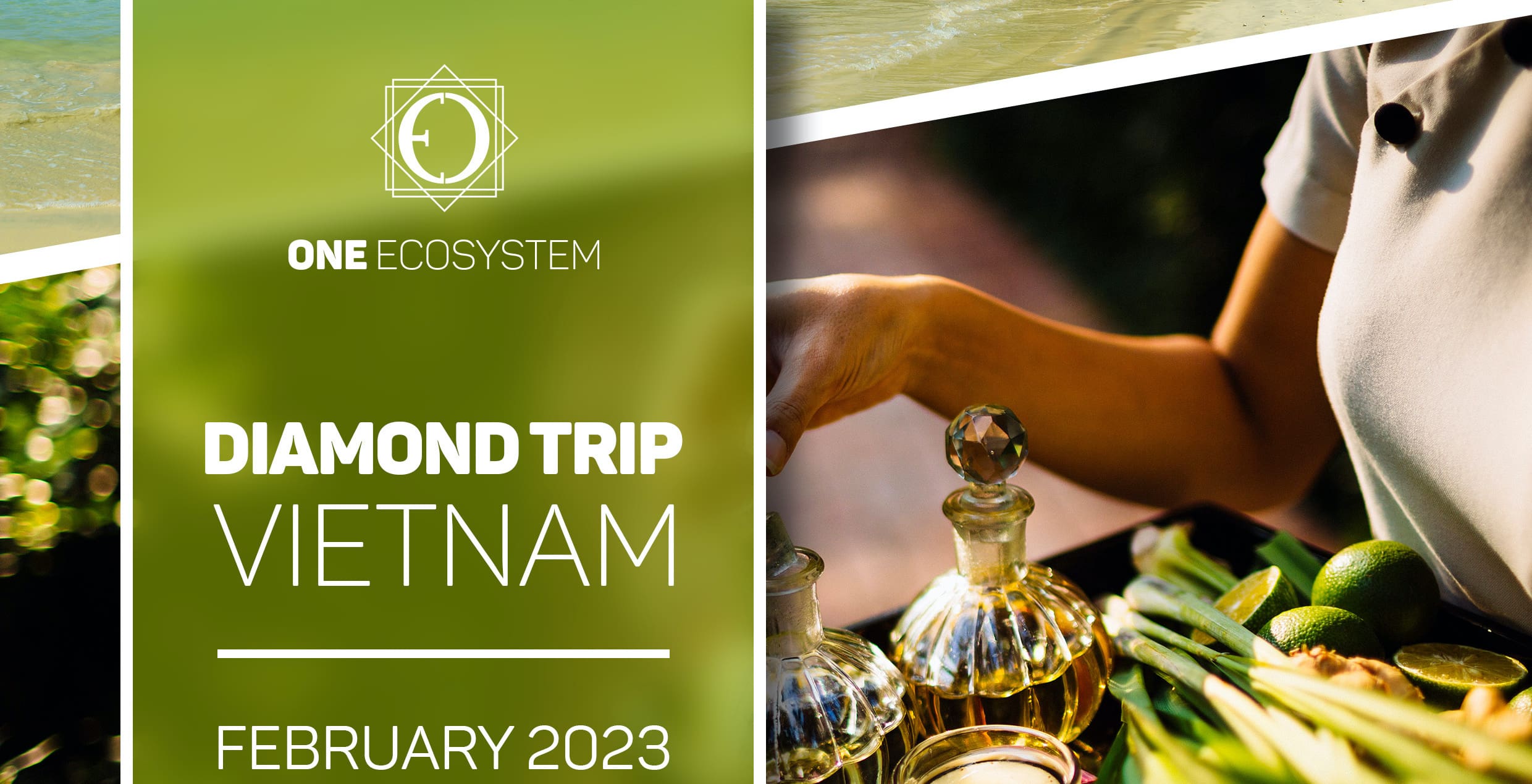 將於 2023 年 2 月舉行的“One Ecosystem Diamond Trip 越南”活動的宣傳圖片。 它描繪了如何將各種食材放在托盤上並煮熟。