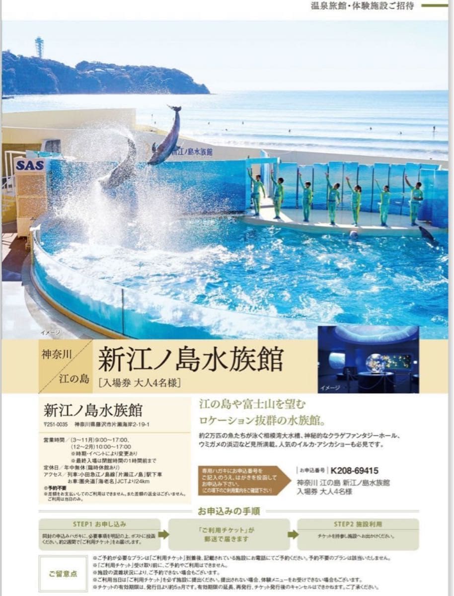 Dit is een Japanse advertentie voor een zwembad met dolfijnen met platina leden, catalogusgeschenk ter waarde van 10.800 yen DS-coupon en dolfijnenshows.