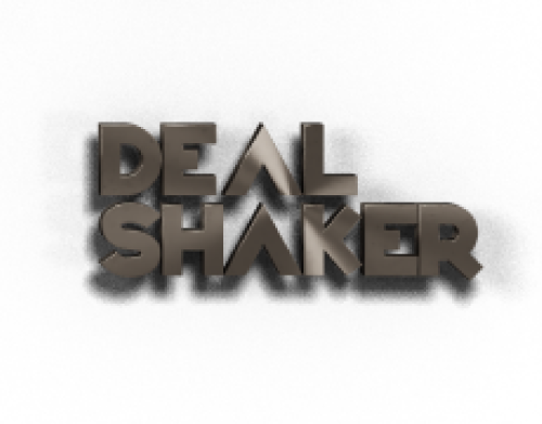 The image shows the text "DEAL SHAKER" in bold capital letters on a black background.