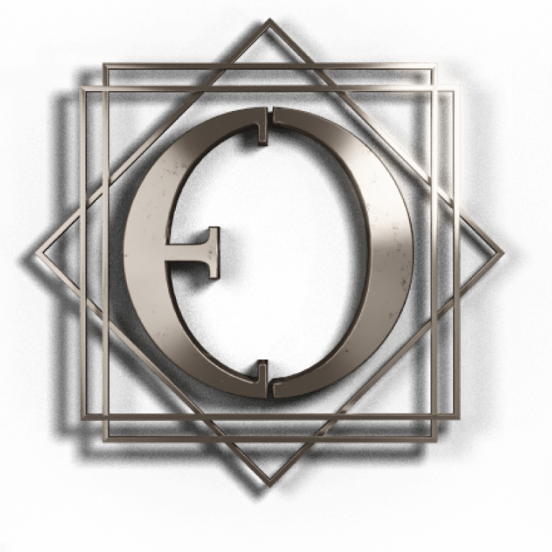 It is a stylized logo with the letters "E" and "O" incorporated inside a geometric square and diamond shape, with a metallic finish and light reflection in the upper right corner.