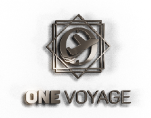 It is a logo with a geometric design with an airplane in the center and the words "ONE VOYAGE" underneath. The design is set on a black background.