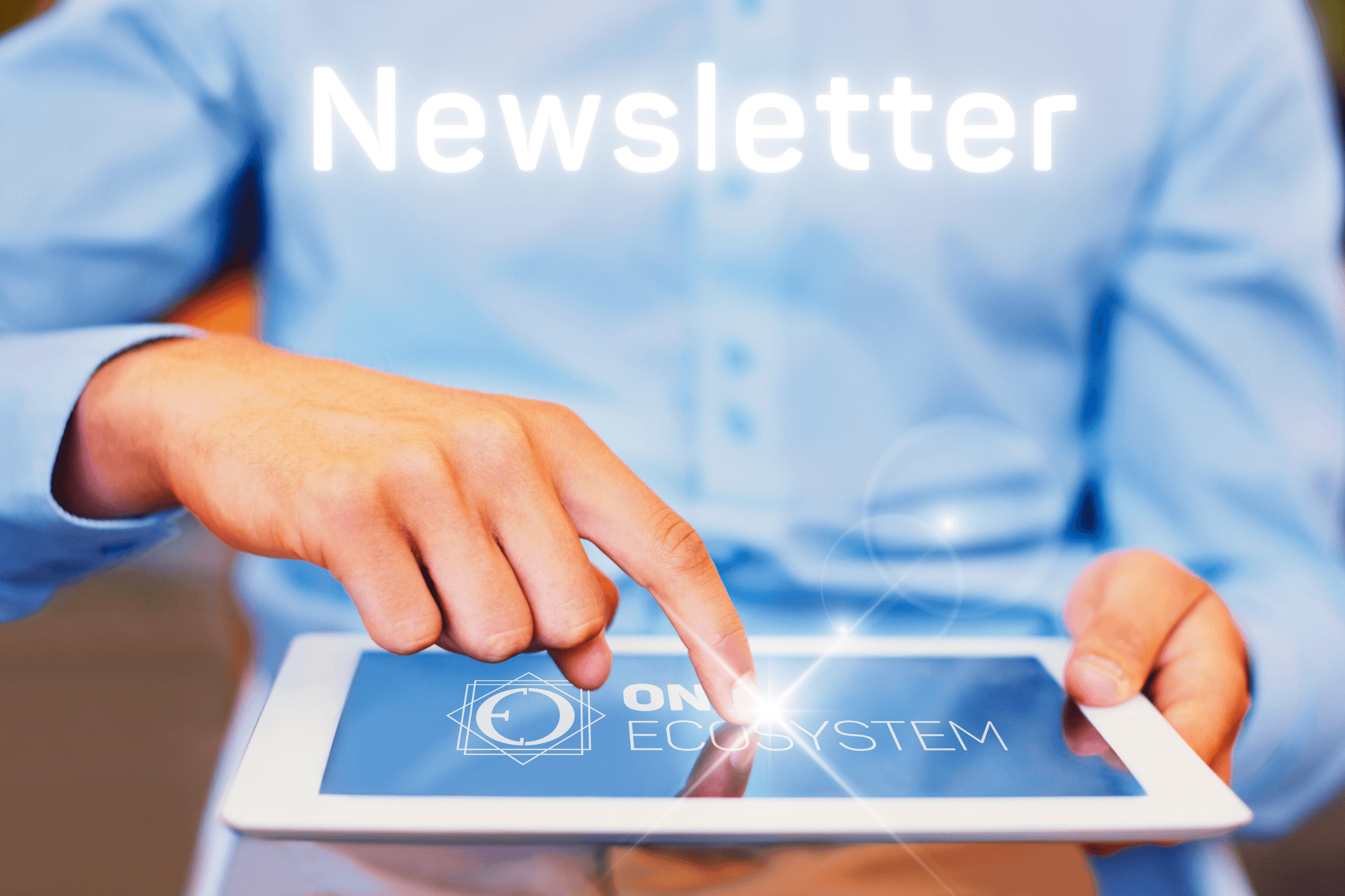 The word "Newsletter" is displayed at the top of the screen of the person using the tablet, and "ECOSYSTEM" is displayed on the screen. The date "February 26, 2024" is displayed in the corner, hinting at an upcoming milestone.