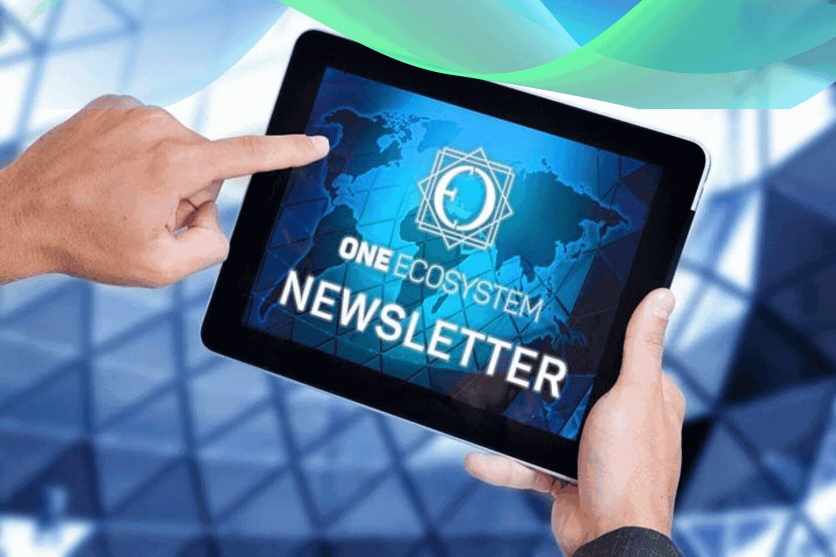 A person pointing to a tablet with a world map and a corporate logo in the background displays the OES Official Newsletter, hinting at exciting updates such as the World Championship, which is scheduled for April 8, 2024.