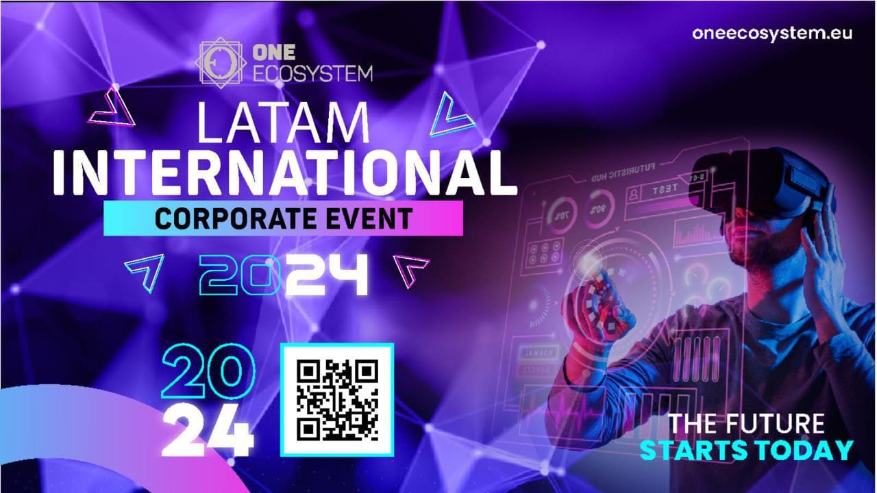Promotionele afbeelding voor het LATAM International Corporate Event 2024 door One Ecosystem. Het bevat QR-codes, futuristische beelden en een persoon die een VR-headset draagt om te communiceren met digitale elementen. De Columbia Deal Shaker Expo is een ander evenement om naar te kijken.