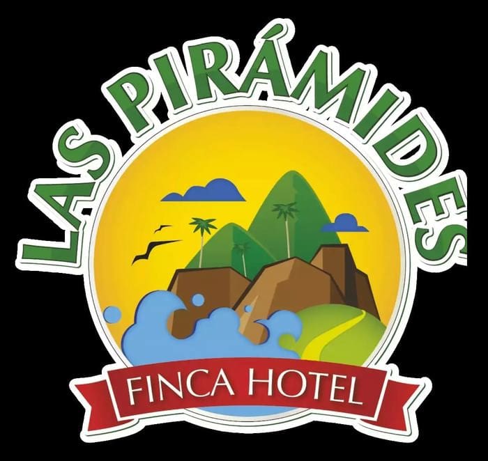 The logo of Las Piramides Finca Hotel featuring stylized mountains, palm trees, birds and paths. It is the best choice for accommodation in Quindio.