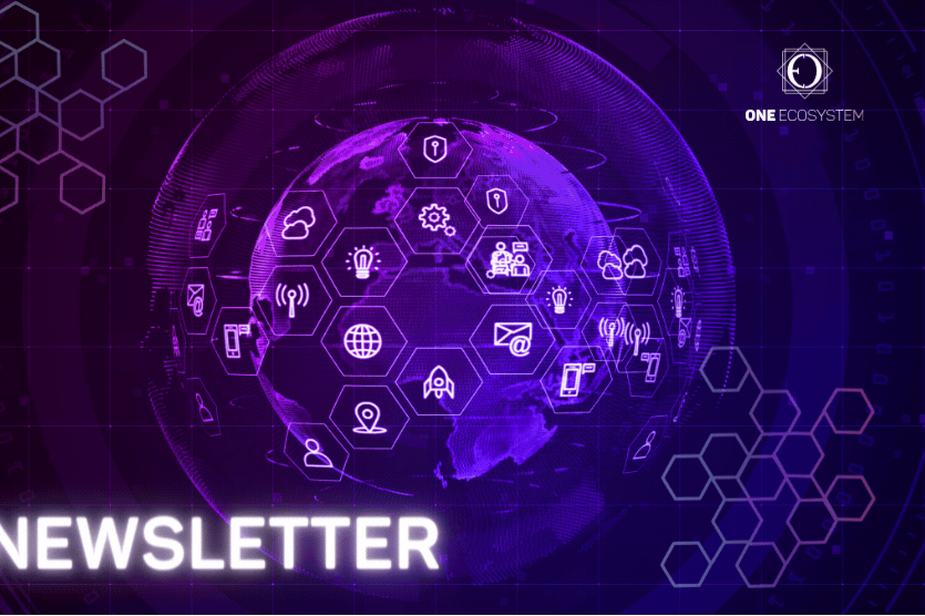 Ang isang digital globe na may iba't ibang mga icon ng teknolohiya at komunikasyon ay ipapakita sa isang disenyo na may temang lila at asul na may label na "ONE ECOSYSTEM" at isang "newsletter" na nagtatampok ng pinakabagong impormasyon sa DealShaker.