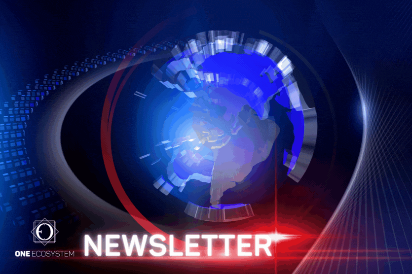 Un globo terráqueo digital giratorio con un titular de "Newsletter" y el logotipo de "One Ecosystem". Esta imagen tiene un efecto de luz azul y roja sobre un fondo oscuro, destacando el último boletín de OES.