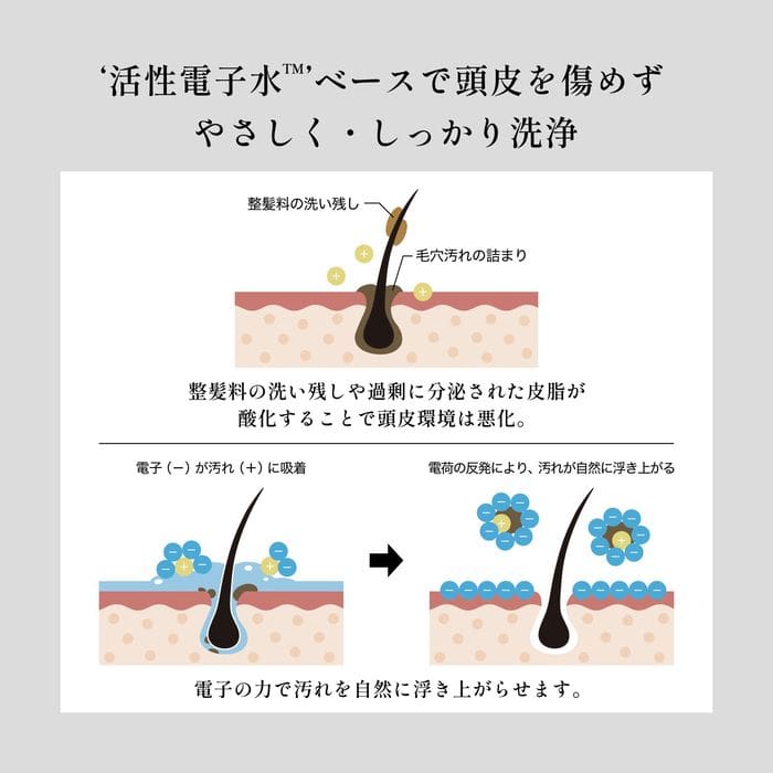 Illustration of scalp cleansing with active ionized water by electron synchro treatment. You will see how dirt is removed from the hair follicles and washed away, leaving the hair clean without damaging the scalp. This is an ideal solution for female scalp care.