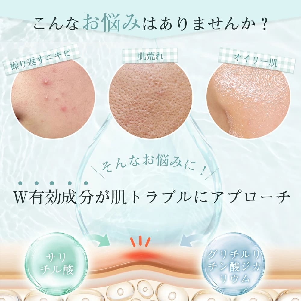 Japan skincare advertisements depict three skin problems: recurring acne, rough skin, and oily skin. Harnessing the power of salicylic acid and glycyrrhizic acid, our medicated masks solve these common skin concerns for clearer and healthier skin.