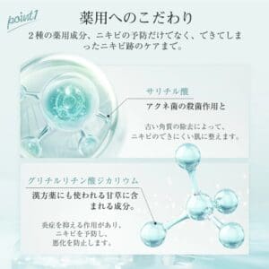 연한 녹색 배경에 분자 그림이 있는 일본어 텍스트는 여드름 예방 및 관리에 대한 살리실산과 글리시리진산의 효능을 설명합니다. 2D 마스크에는 피부를 보호하는 동시에 수분을 공급하여 더 건강한 피부를 만드는 데 도움이 되는 강력한 성분이 포함되어 있습니다.