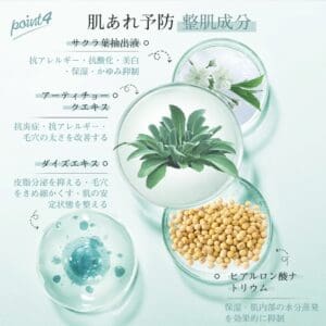 스킨 케어 성분 설명 : 체리 추출물, 아티 초크 추출물, 데이지 추출물, 보습 히알루 론산, 콩. 본문에는 각 성분에 대한 설명과 효능이 일본어로 되어 있습니다. 여드름 관리 솔루션을 이해하는 데 좋습니다.