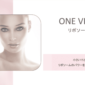 A close-up of a woman's face is featured on the left side of the ONE VITA skincare liposome promotional slide. The Japanese text below her image highlights the benefits of the product. The ONE VITA logo is located in the upper corner, which is an effective product introduction in the official presentation materials.