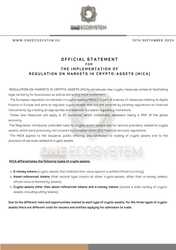 A document titled "Official Statement on the Implementation of Crypto Asset Market Regulations (MiCA)" dated September 19, 2024. It outlines the goals and key aspects of Europe's new crypto asset regulation (crypto asset market).