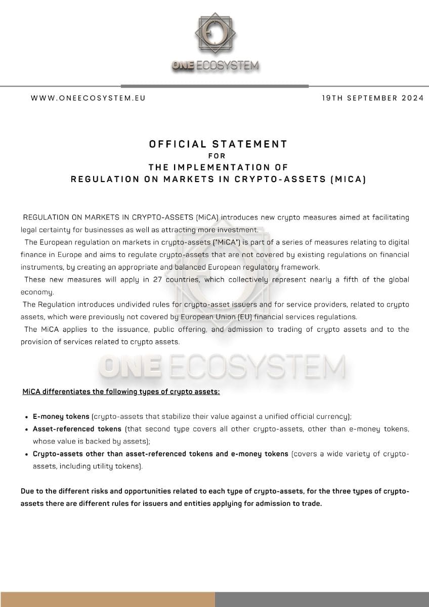 Een document met de titel "Officiële verklaring over de implementatie van Crypto Asset Market Regulations (MiCA)" gedateerd 19 september 2024. Het schetst de doelen en belangrijkste aspecten van Europa's nieuwe crypto-activaregulering (crypto-activamarkt).