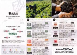 さまざまな製品、農業活動、土壌検査、栽培畑を紹介するベル ファームのパンフレット。テキストでは、さまざまな食品とその栄養素、低速すり搾りジュースや冷凍タイプの農産物などの機能について説明します。