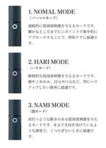 Three vertical devices with "Normal Mode", "Hari Mode" and "Nami Mode" written on them, and an image with a Japanese explanation next to each. It features the Electric Burr Brush 2.0, which has been recognized for its innovative design and won the BODY AWARD 2022.