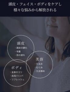 The three circles of "scalp" (stiffness of the scalp, hair, tired eyes), "body" (muscle stiffness, blood flow, lymphatic massage, refreshment), and "beauty" (sagging, tightening) are displayed in Japanese infographics. Featuring the "Electric Burr Brush 2.0", which won the BODY AWARD 2022 for its innovative design.