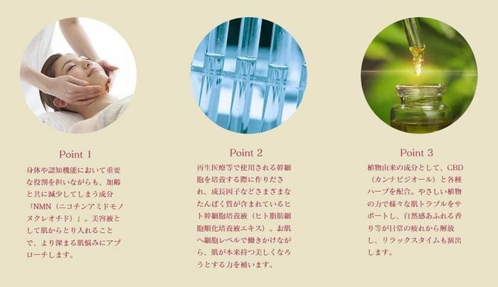 Коллаж из 3 изображений и текста. На первом изображении изображен человек, проходящий массаж лица. На втором изображении изображена пробирка. На третьем изображении изображена пипетка с жидкостью, которая подчеркивает аппетитную эссенцию, наполненную натуральной травяной красотой. Текст на японском языке приведен ниже.