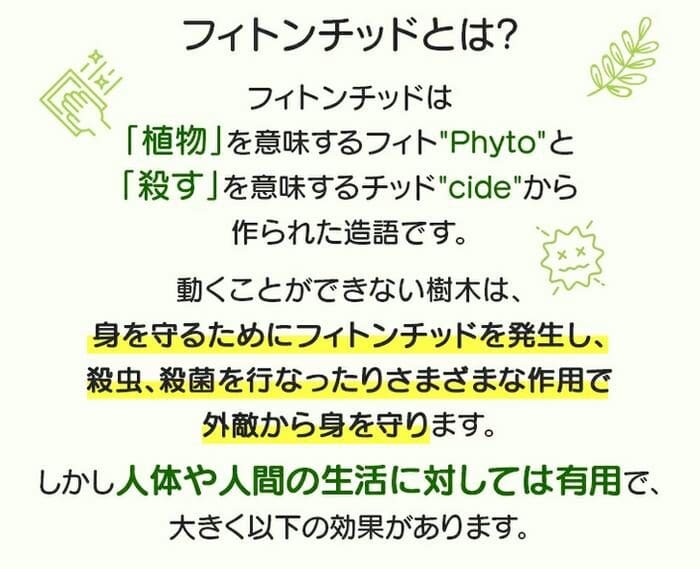 Infografica verde e testo giapponese che descrive i "phytoncides", che sono sostanze naturali rilasciate dalle piante per proteggersi da insetti e batteri, e sono anche benefiche per la salute umana. Enfatizza il repellente rilassante per insetti e l'effetto di questi composti.
