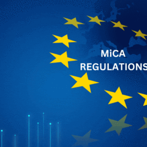 On a blue background, a circular yellow star representing the EU flag is depicted. The middle letter is "MiCA Rule". At the bottom, you can see a light blue line and a dot, emphasizing that the release of the EU Crypto Market Rules is official.