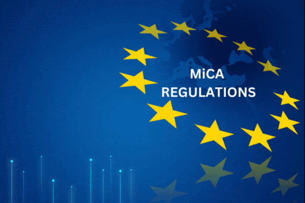 On a blue background, a circular yellow star representing the EU flag is depicted. The middle letter is "MiCA Rule". At the bottom, you can see a light blue line and a dot, emphasizing that the release of the EU Crypto Market Rules is official.