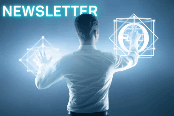 A person interacts with digital symbols on the screen. The word "NEWSLETTER" appears at the top, and two geometric icons appear in front of the figure, suggesting a digital interface. This is part of the official OES newsletter published on 09/02/2024.