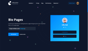 Een webpagina met een bestemmingspagina voor de URL Kai Bio Pages heeft een ingebouwd inlogvak aan de rechterkant en bevat opties voor 'Aan de slag' en 'Contact opnemen met verkoop'. Profiteer van de naadloos geïntegreerde functie voor verkorte links om uw marketingstrategie te verbeteren.