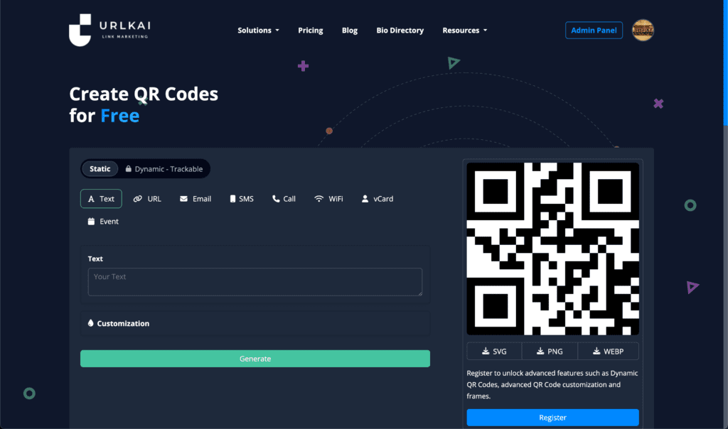 Screenshot van de webpagina van de QR-codegenerator met statische en dynamische QR-codes, verkorte functies voor het aanpassen van links en opties voor het maken van een voorbeeld QR-code aan de rechterkant. Het is perfect voor het verbeteren van uw marketingcampagnes.