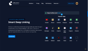 De Smart Deep Linking-webpagina van URLKai toont het pictogram van de app en een beschrijving van de deeplinking-functie, met de nadruk op verkorte links en QR-codes, compleet met een Start-knop om uw marketingstrategie te verbeteren.