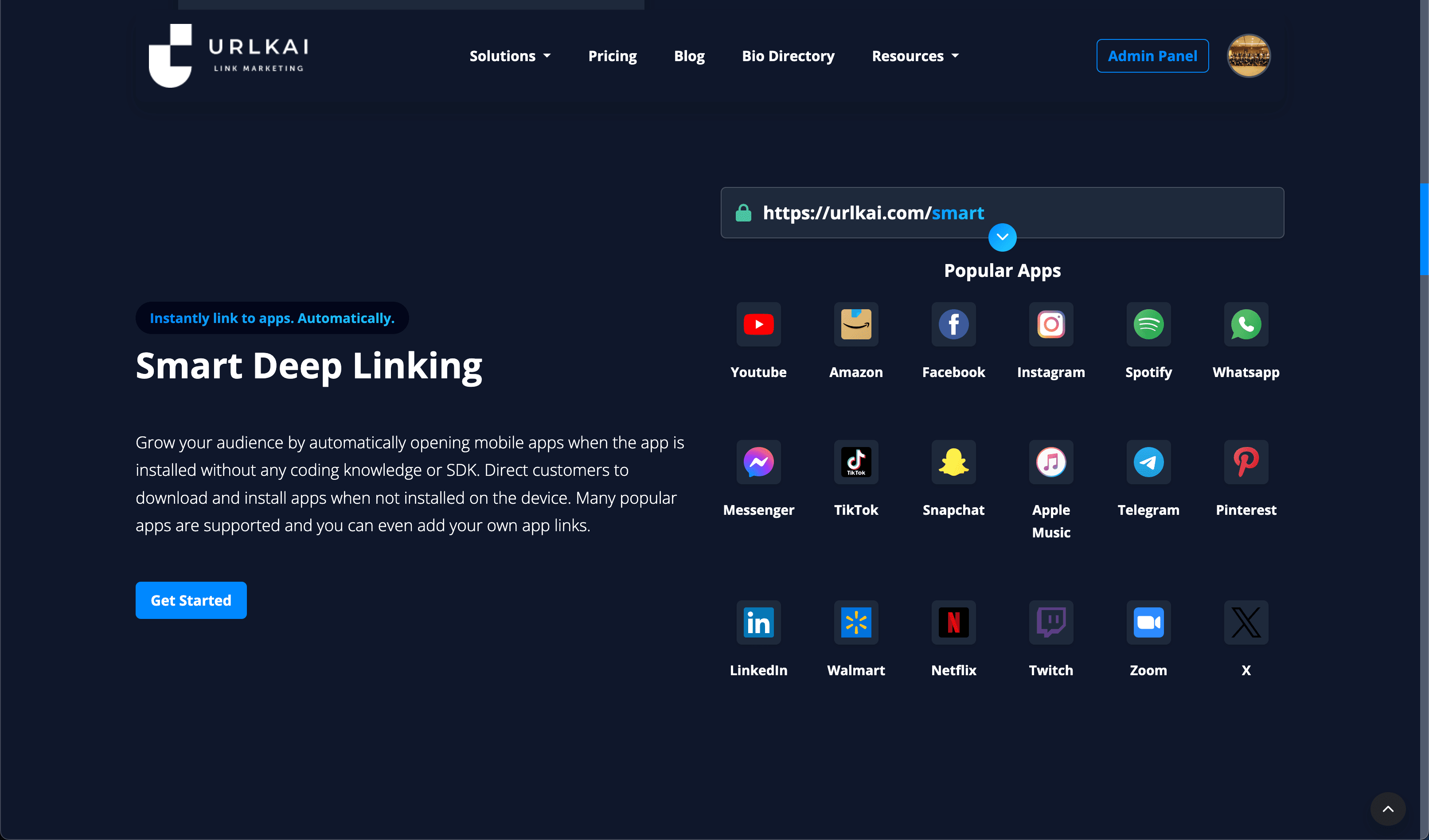 URLKai's Smart Deep Linking webpage showcases the app's icon and a description of the deep linking feature, with an emphasis on shortened links and QR codes, complete with a Start button to enhance your marketing strategy.