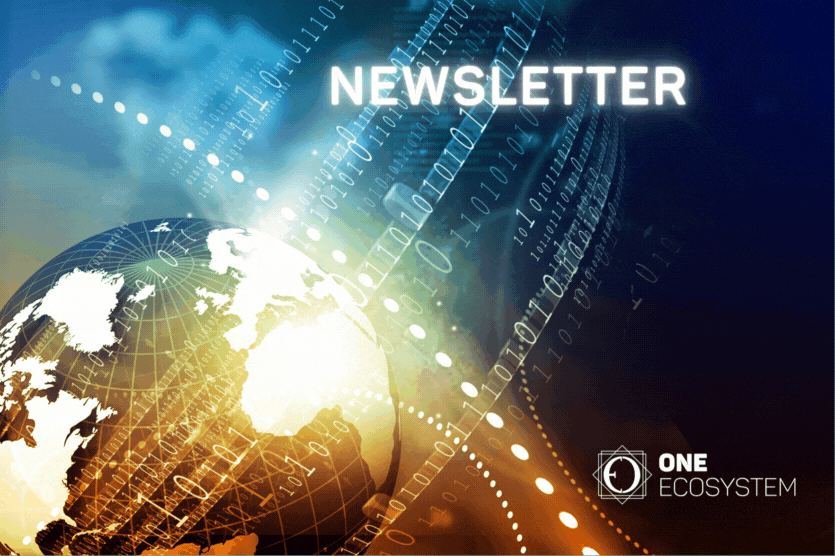 Un globo terráqueo digital con números binarios, la palabra "NEWSLETTER" y el logotipo de "ONE ECOSYSTEM" sobre un fondo oscuro muestra el boletín oficial de OES y captura las innovaciones para el 14 de octubre de 2024.