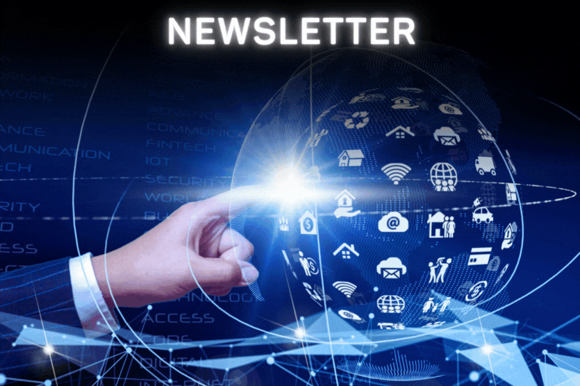 The hand points to a digital globe with various icons representing technology and communication under the words "OES Official Newsletter", providing insight into the future.