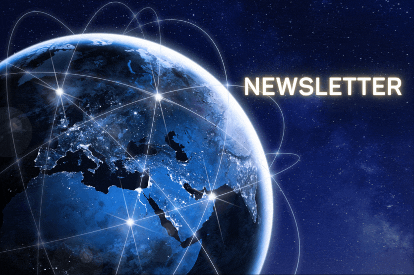 Sumasagisag sa pag-unlad ng isang pandaigdigang blockchain, isang tanawin sa gabi ng Earth na may nagniningning na mga linya ng pagkonekta sa mga kontinente. Ang salitang "Newsletter" ay lumilitaw sa naka-bold na puting teksto sa kanan ng background na may bituin.