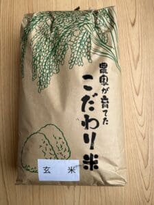 A brown paper bag with Japanese characters and illustrations of rice ears and grains, proudly written "New Rice Brown Rice," is elegantly placed on a tree.