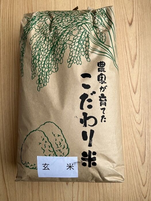 A brown paper bag with Japanese characters and illustrations of rice ears and grains, proudly written "New Rice Brown Rice," is elegantly placed on a tree.