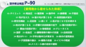 El gráfico de Japón en el encabezado P-90 tiene una sección verde que detalla varias condiciones de salud y síntomas, como presión arterial baja, problemas de función hepática y neuralgia. La fisioterapia y el PEMF son tratamientos que se destacan en el contexto de estos problemas de salud.