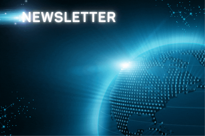 Digital illustration entitled "OES Official Newsletter". On a dark background with a geometric pattern, the word "newsletter" and a glowing blue globe covered with binary code are depicted. This captivating image suggests that it will be released on November 18, 2024.
