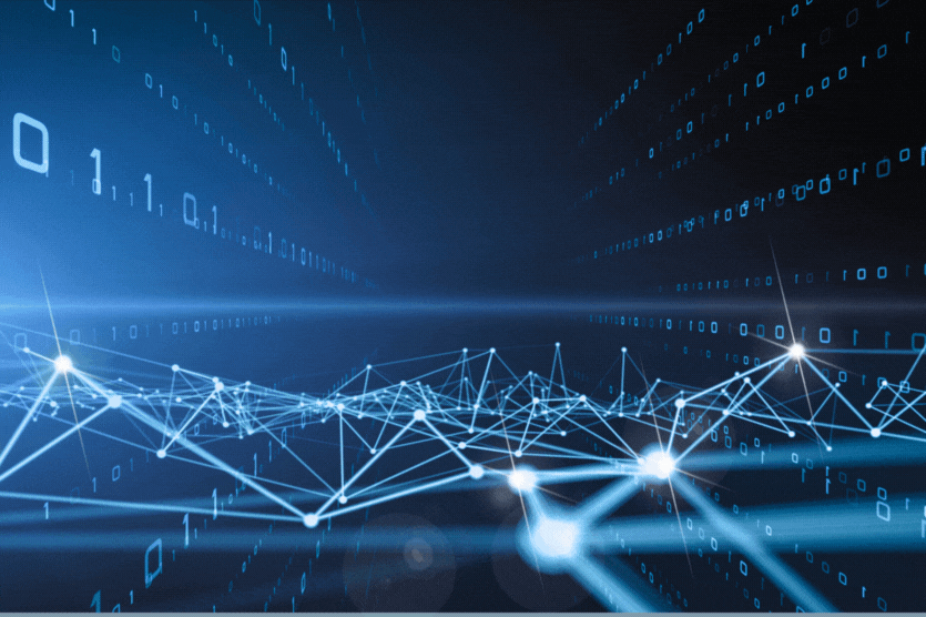 Digital abstraction image depicting connected lines and binary code isolated on blue background. It symbolizes seamless data flow and network communication, and its fluidity is reminiscent of an automated drafting process.