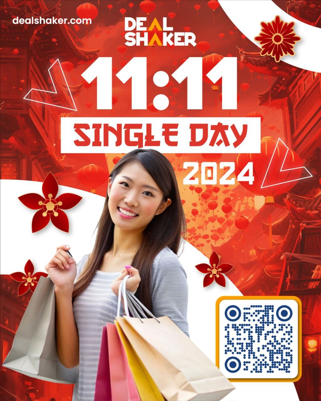 A smiling woman celebrates Double Eleven with the excitement of DealShaker holding a shopping bag with "Singles' Day at 11:11 2024" with a QR code on it on a bright red festive background.