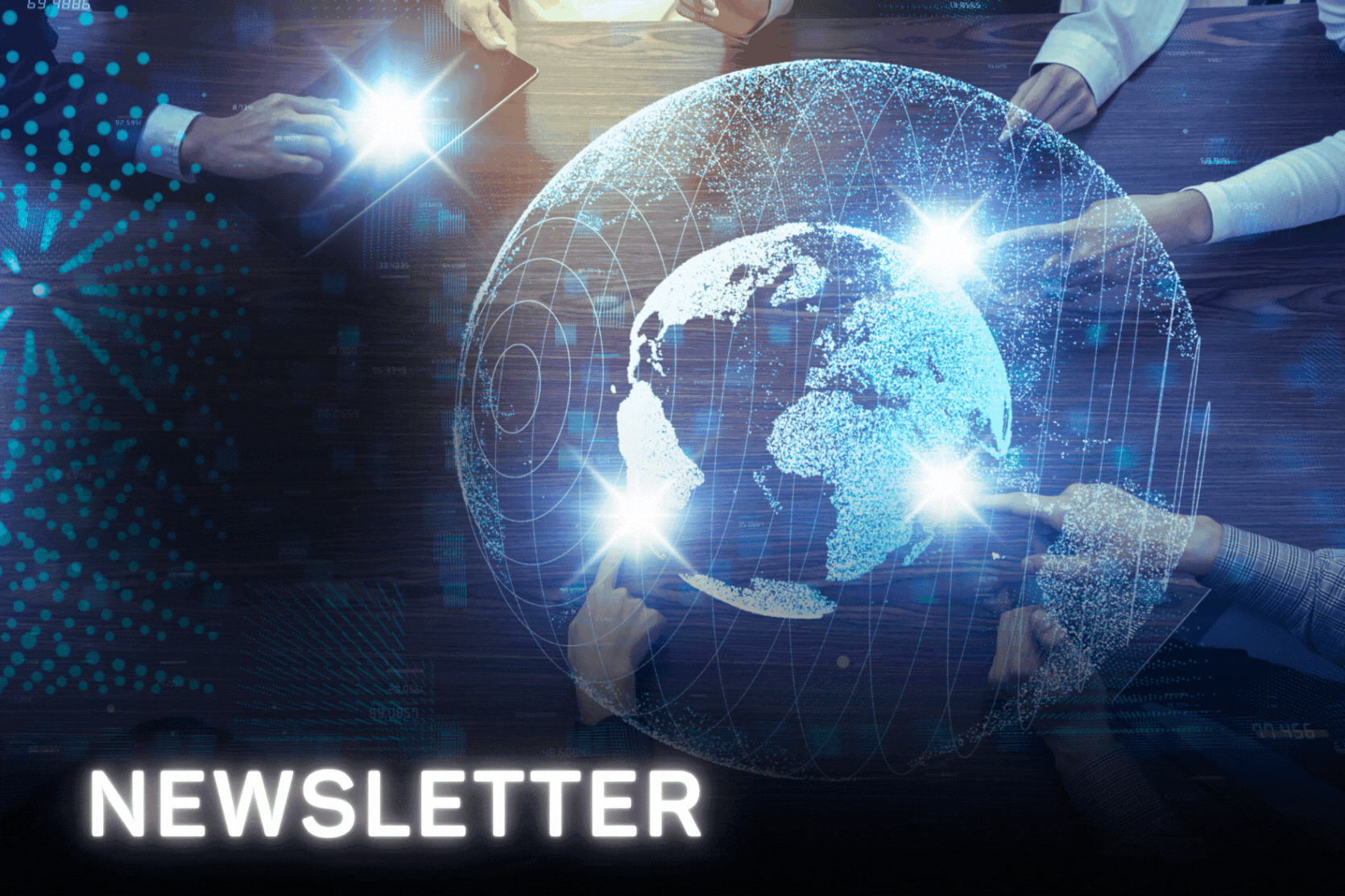 Digital montage with hands holding devices around a glowing globe. At the bottom, there are the words "Newsletter", highlighting the official OES newsletter, which will be released on November 12, 2024.