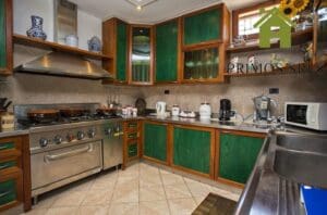 A modern kitchen with green and wooden cabinets, stainless steel appliances, and a variety of kitchen utensils placed on the countertops await your culinary adventure. Perfect for long weekends, this space brings comfort and style to any gathering.