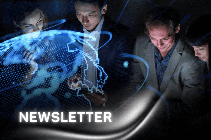 Oamenii se adună în jurul unui glob digital cu cuvântul "NEWSLETTER" pe el. Aceștia așteaptă cu nerăbdare publicarea buletinului informativ oficial OES, care este programat să fie lansat pe 25 noiembrie 2024.