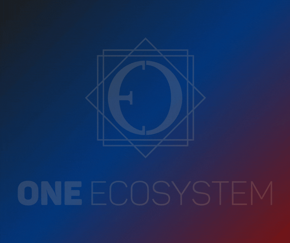 The words "ONE ECOSYSTEM" are depicted in light grey symbolizing innovation and growth on a blue and red gradient background with a geometric design.