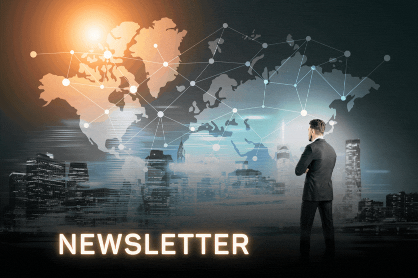Um homem de terno está na frente de um mapa-múndi e uma paisagem urbana iluminada com as palavras "Newsletter" escritas em letras grandes embaixo, sugerindo uma visão global.