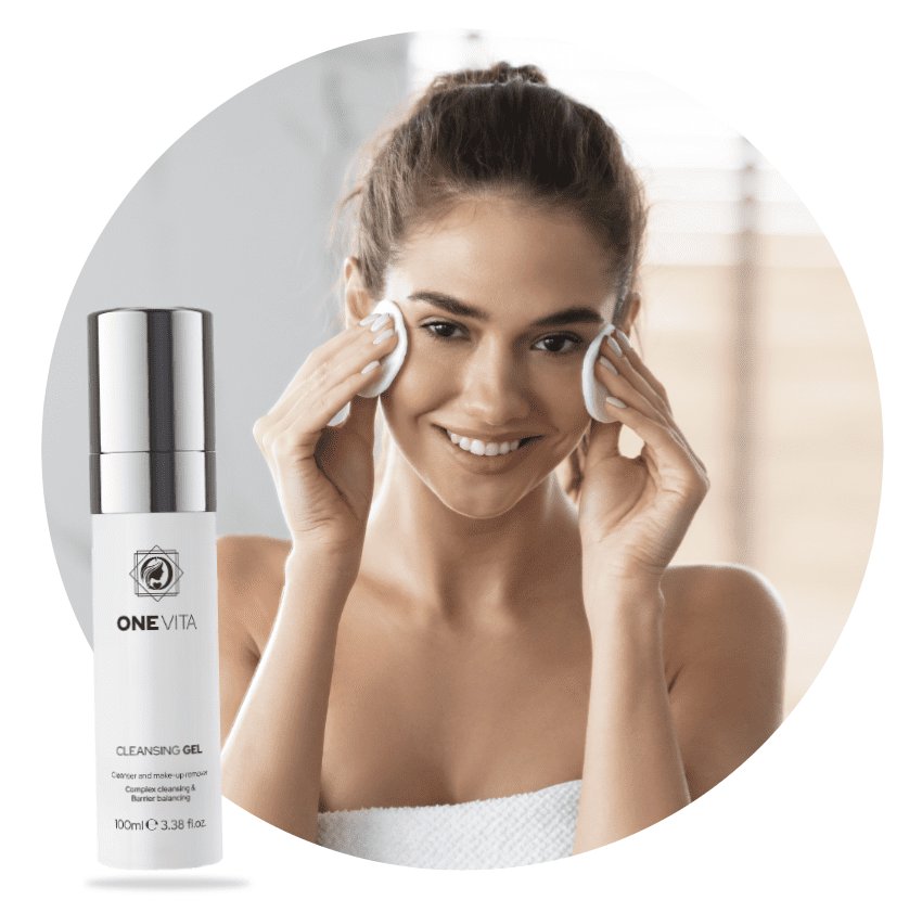 Woman gently applying a cotton pad to her face. On the other hand, the refreshing One Vita skincare cleansing gel is on the foreground, which can be expected to have both rejuvenating and anti-aging benefits.